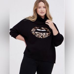 Leopard Print Sequin Lips Mock Neck Sweater